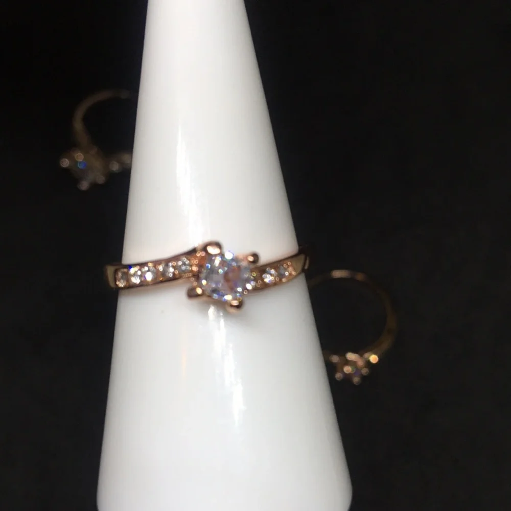 Rose Gold 3pc Engagement Ring & 2 Wedding Bands Set with Diamond Sterling Silver